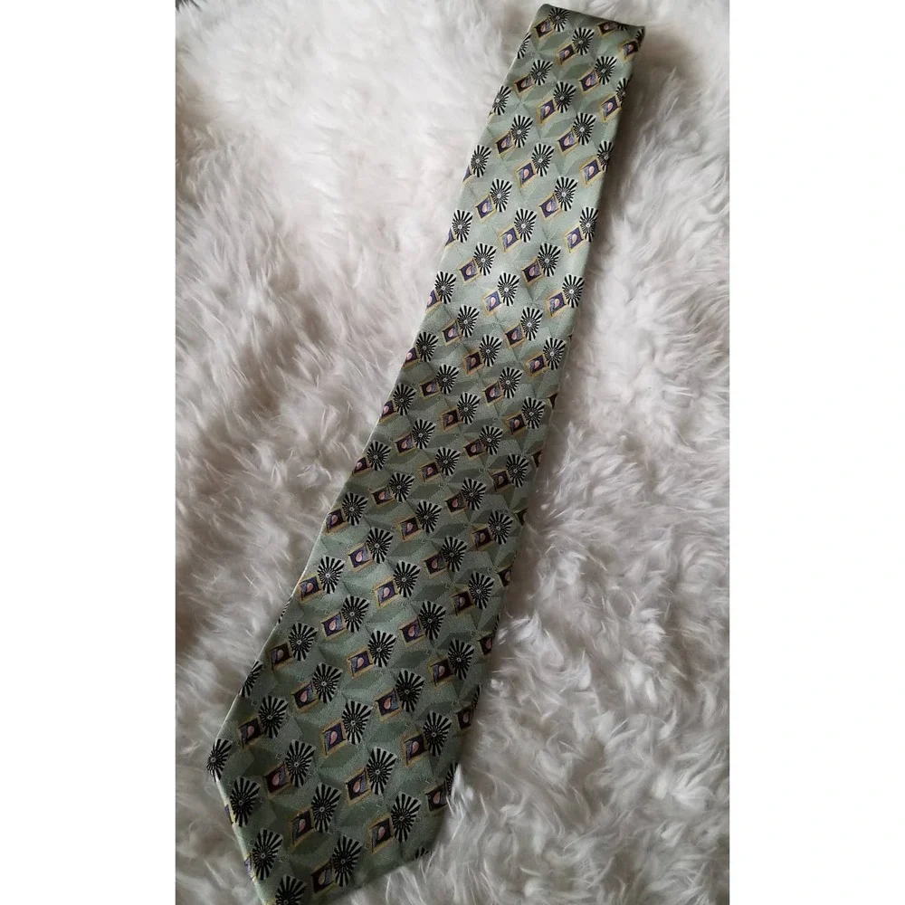 Vtg 90s mens silk tie Alexander Lloyd mint green geometric extra long 65 length